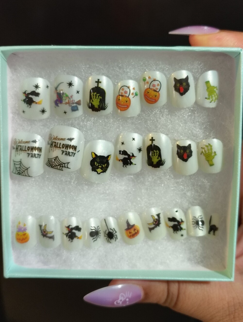 White Halloween-Themed Press-On Nails with Pumpkin & Cat Designs